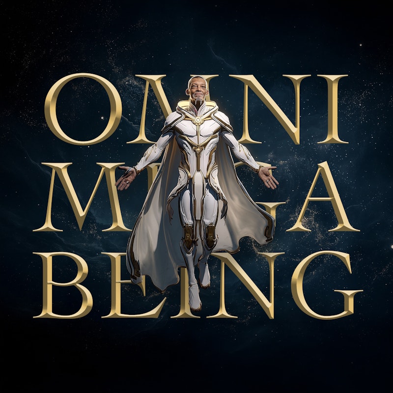Omni Mega Being album cover: Pierfect floating in a white and gold suit among gold letters in deep space